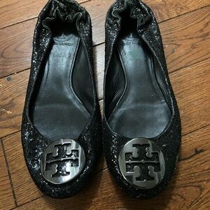 Ladies Tory Burch glittery black flats